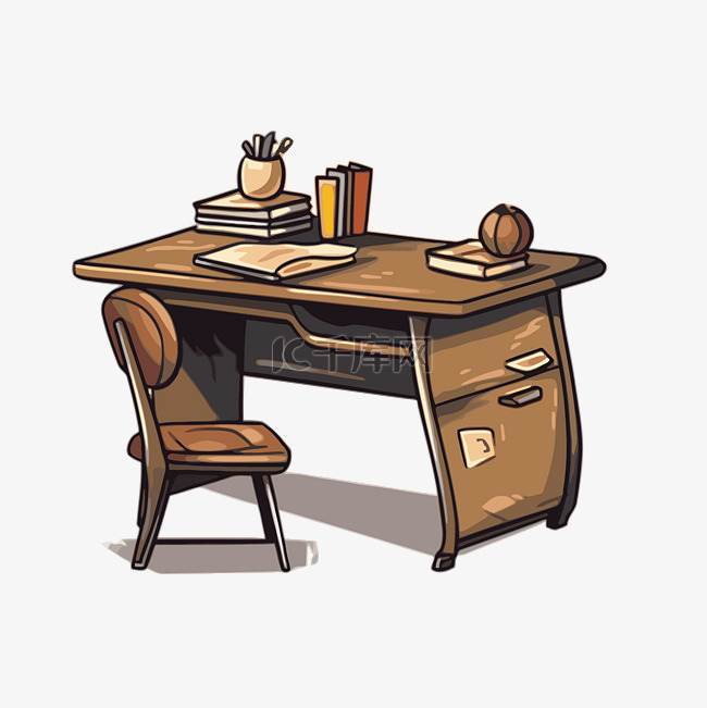 教师办公桌剪贴画卡通插图坐在上