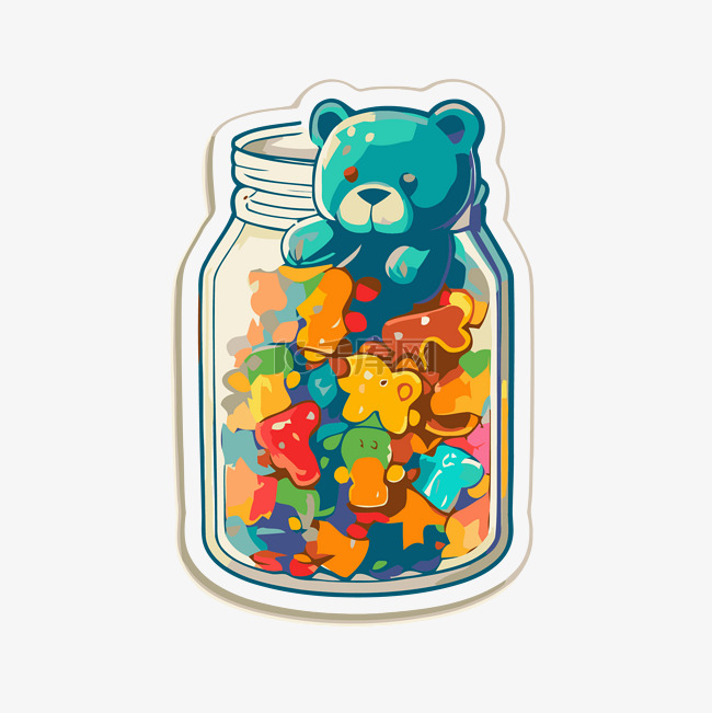 一罐糖果中的蓝色泰迪熊贴纸 向