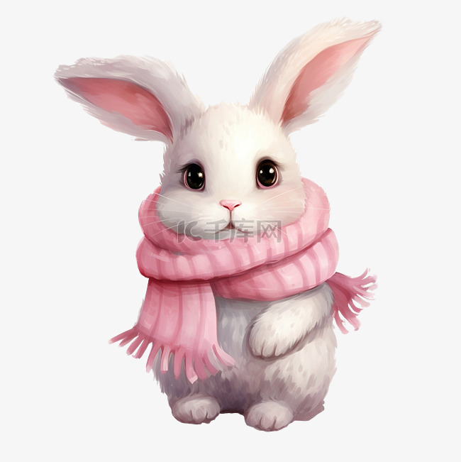 白兔带着粉色围巾冬季插画