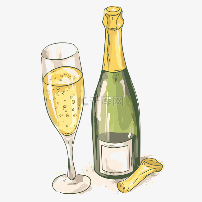 香槟剪贴画瓶香槟手绘插画背景卡