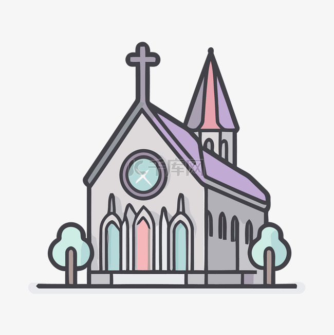具有审美线性风格的小型卡通教堂
