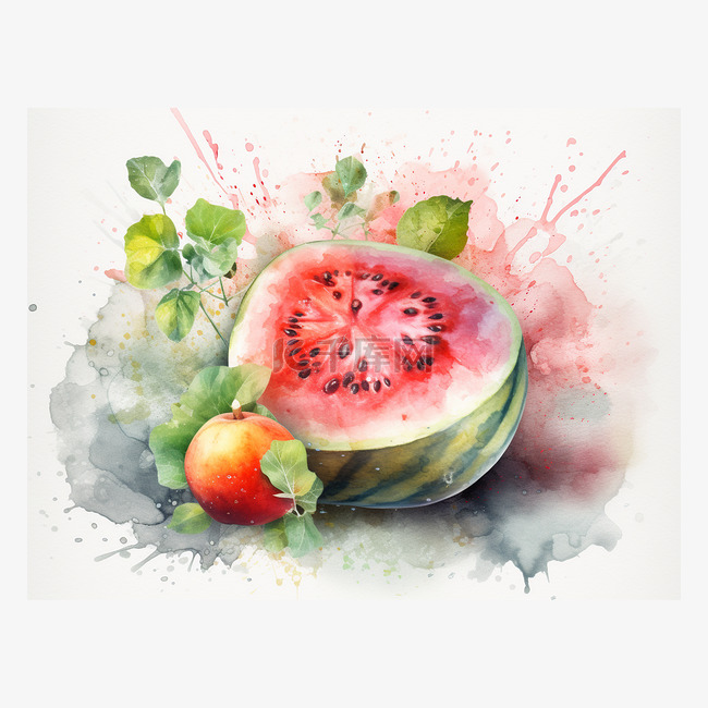 西瓜和桃子的水彩插图