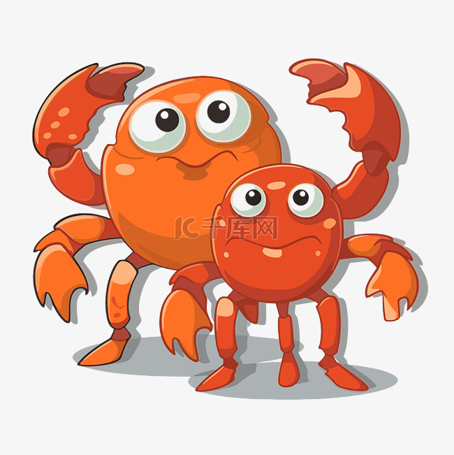 两只卡通橙色螃蟹并排站着 向量