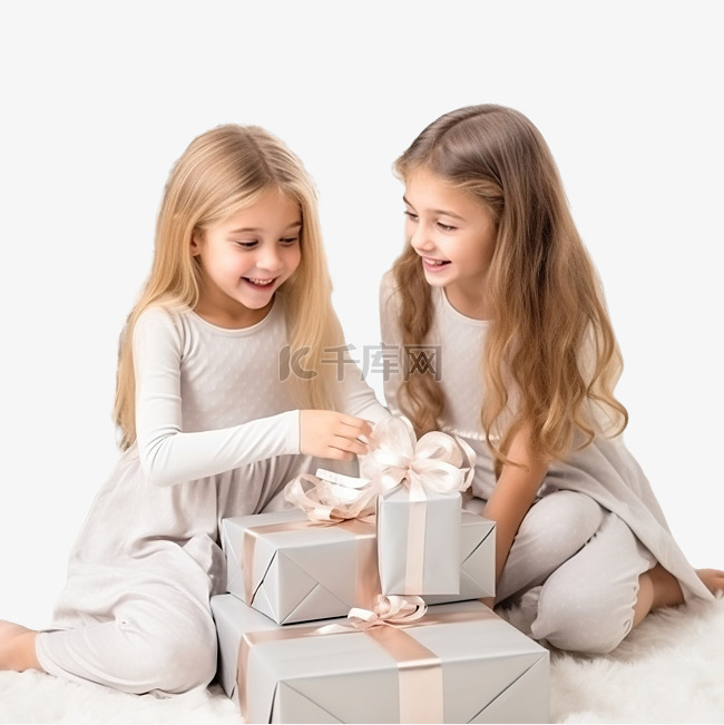 快乐漂亮的姐妹坐在圣诞装饰的房