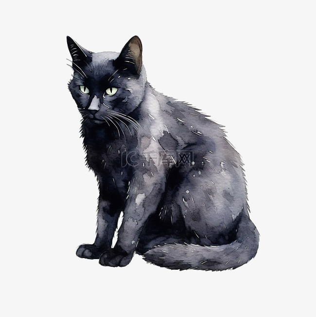 黑猫坐着舔脚的装饰水彩
