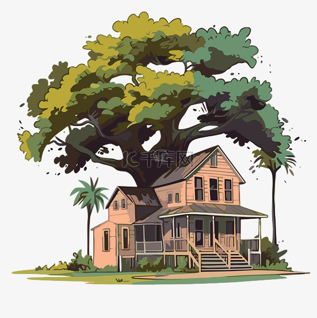 背景卡通中有一棵树和棕榈树的南