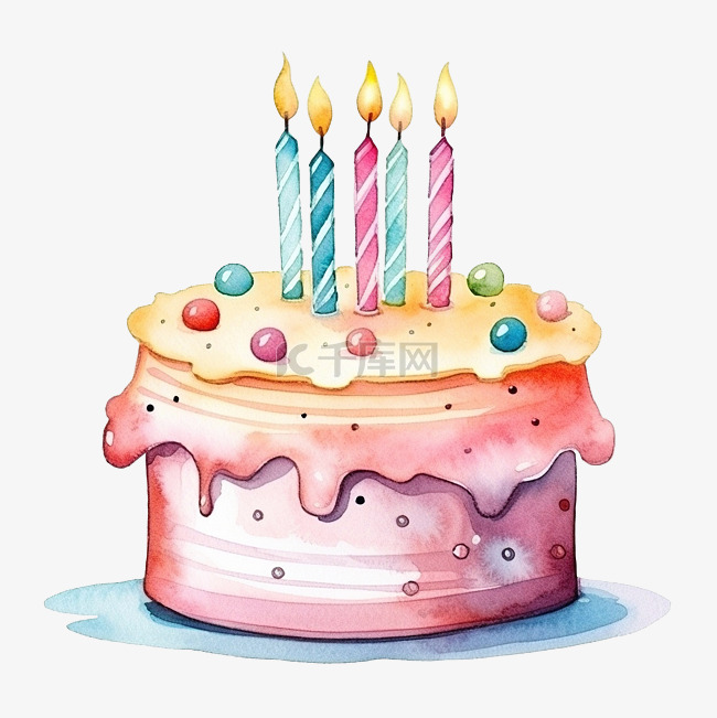 可爱的水彩生日蛋糕，插着蜡烛
