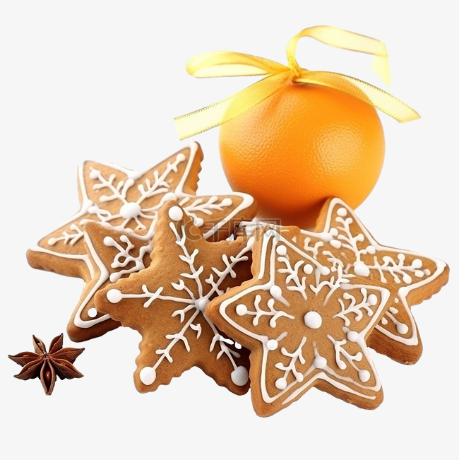 木桌上有橙片和圣诞装饰的姜饼饼