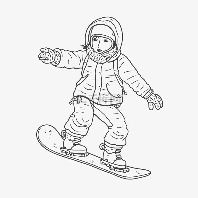 年轻女孩单板滑雪着色页轮廓素描