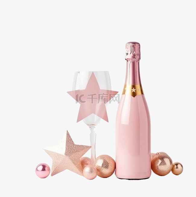 粉红色不同圣诞装饰的香槟瓶