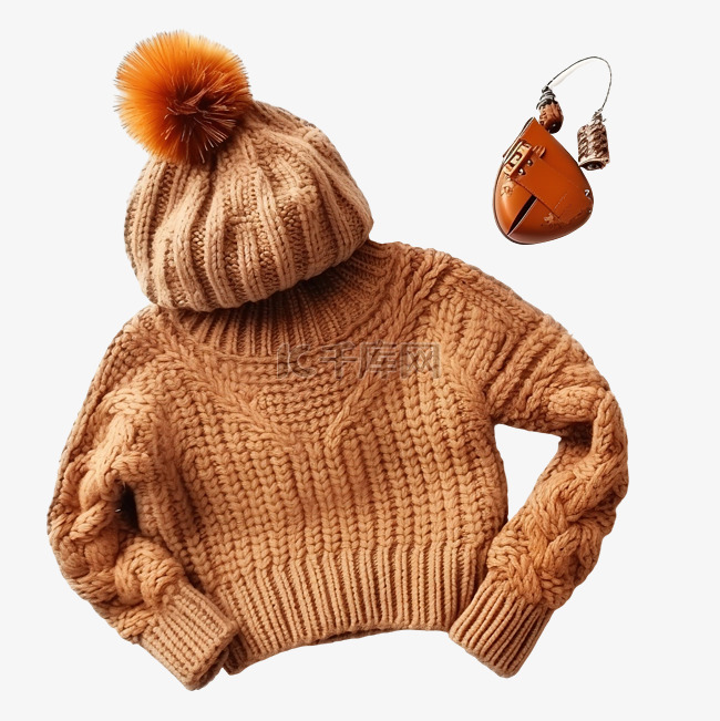冬季针织毛衣和绒球帽子