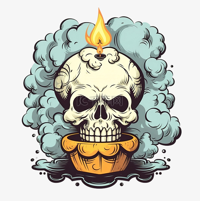 有趣的卡通头骨，蜡烛和烟雾手绘