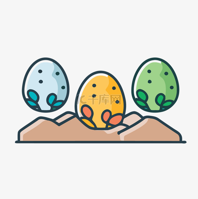泥土中的三个彩色鸡蛋 向量
