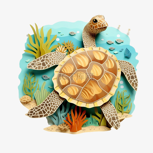 海龟游泳海洋生物纸艺术
