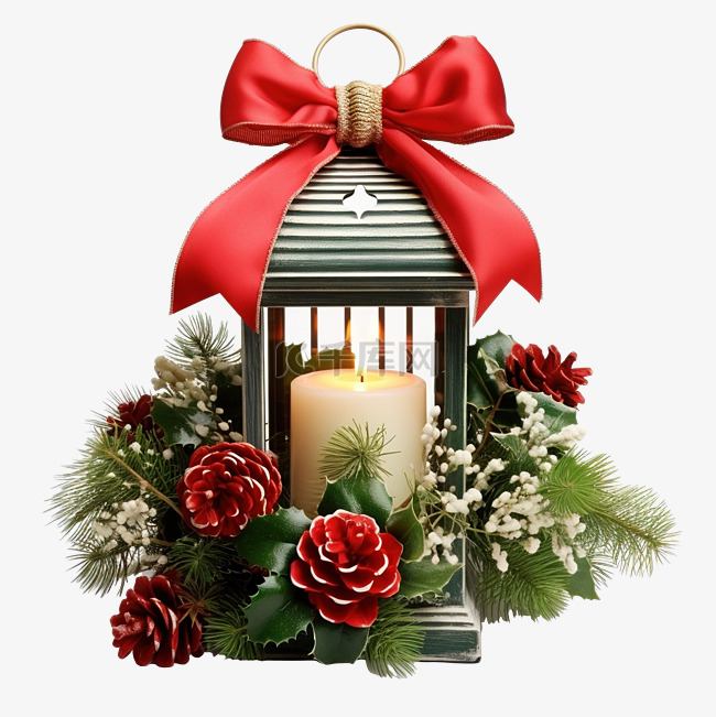 有弓花和松枝的圣诞灯笼
