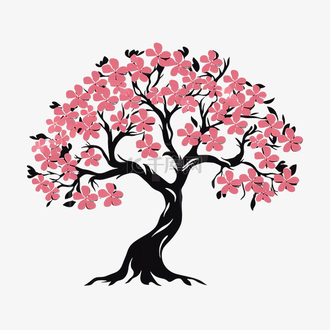 海报衬衫的花树的深色单一剪影樱