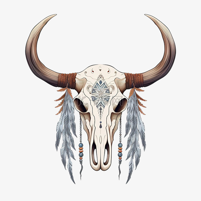 美洲原住民公牛或牛头骨，有羽毛