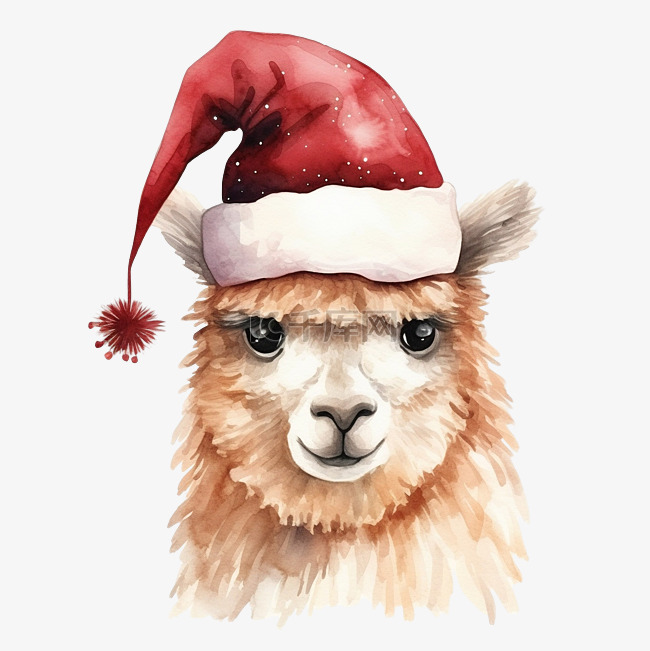 圣诞快乐插画，可爱的羊驼戴着圣