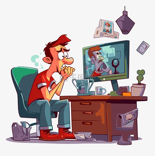 可视化卡通人物坐在办公室看电视