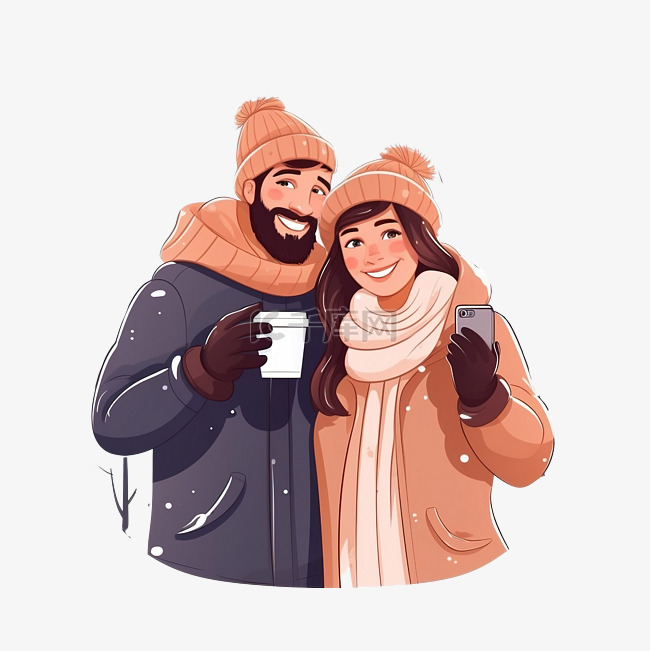在冬季森林里喝咖啡的幸福情侣让
