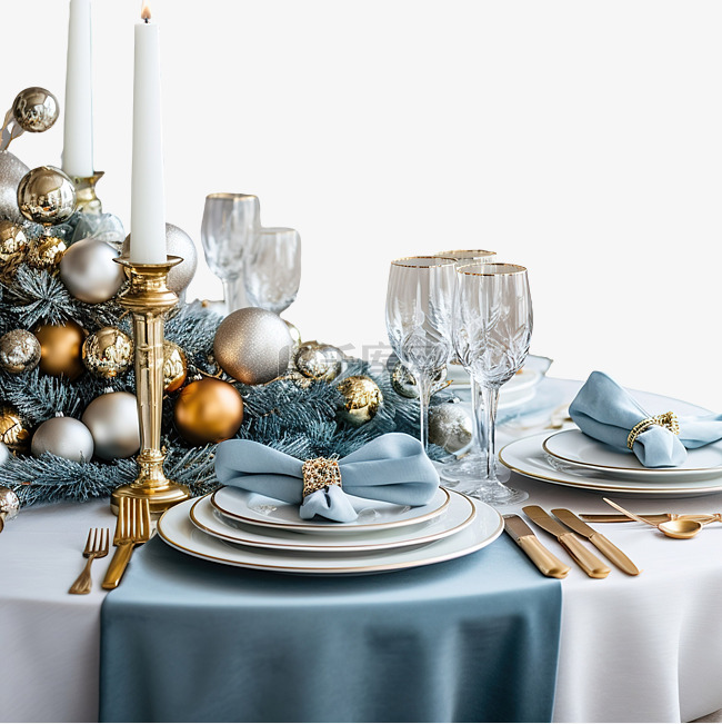 蓝色圣诞餐桌布置