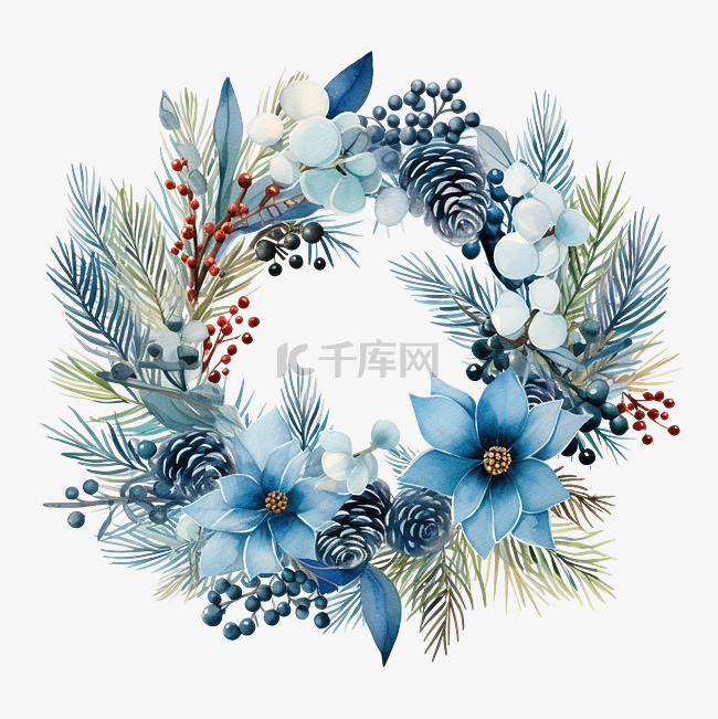 圣诞蓝色花环与松枝