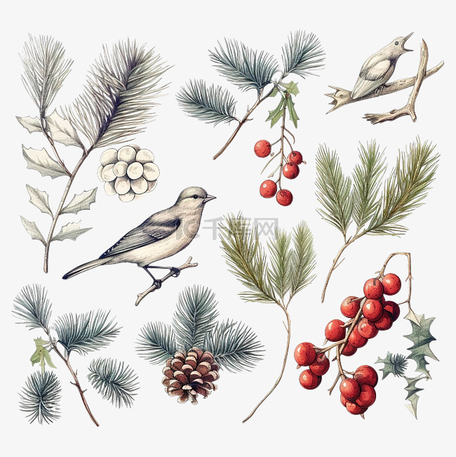 天然圣诞物品的集合植物鸟花云杉