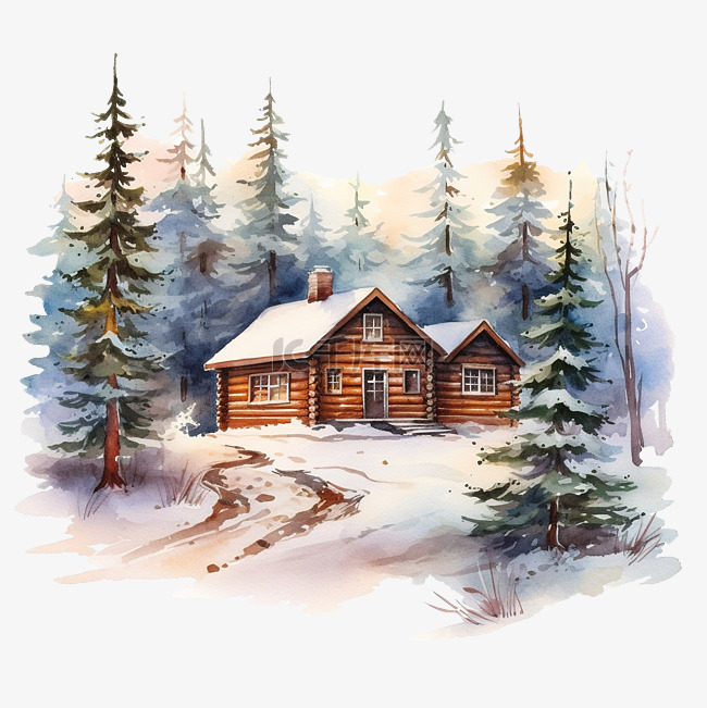 水彩冬季小屋景观