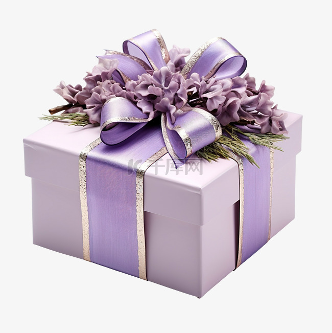带紫丁香蝴蝶结的礼品盒，上面有