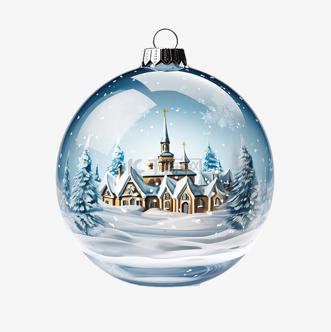 冬季与教堂一起的圣诞快乐玻璃球
