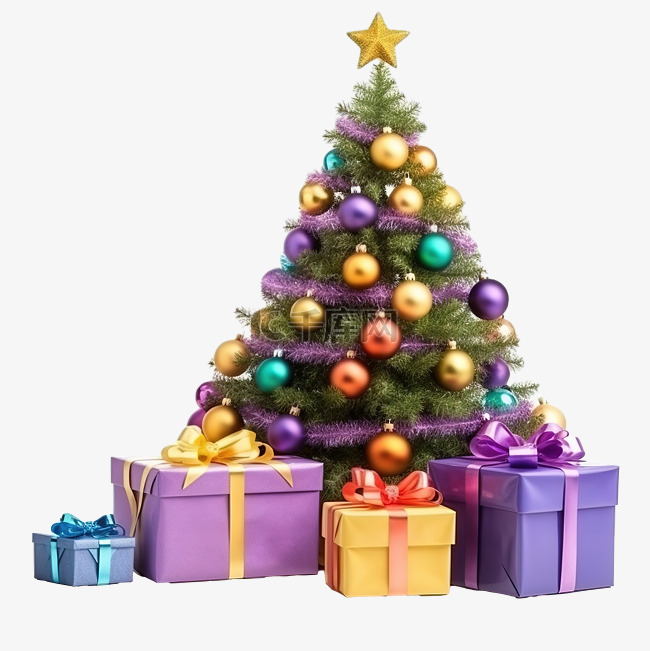 带彩球装饰品的圣诞树和带笔记本