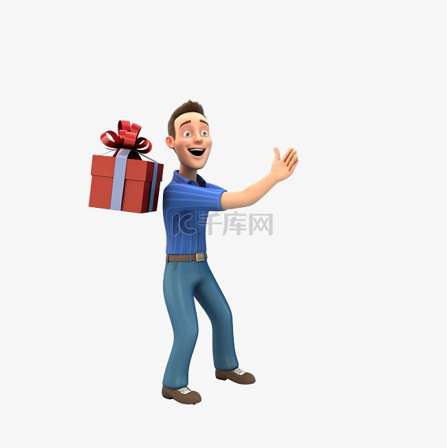 男人在门口扔礼物 3D 人物插图