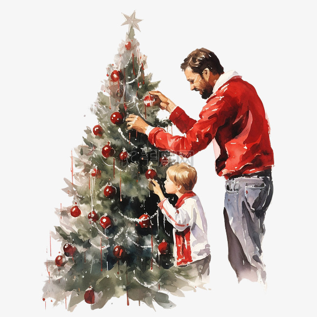 父亲和儿子在红色圣诞树上挂了装