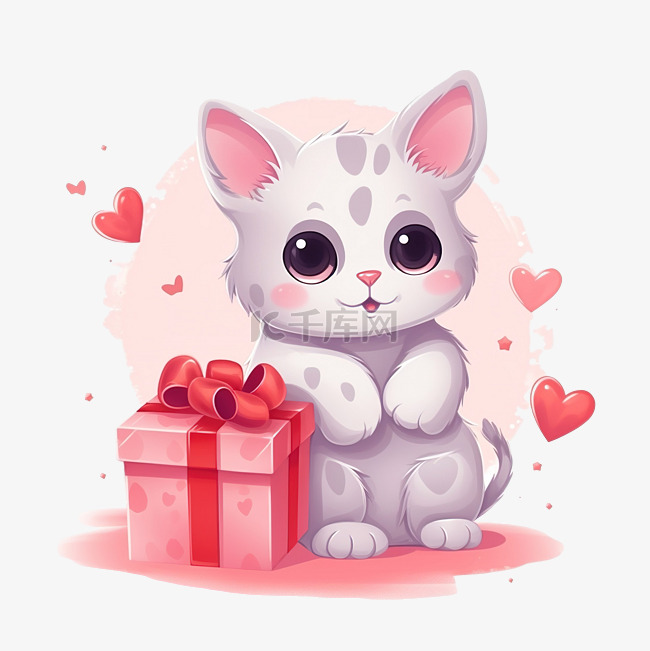 情人节插画猫，带着礼盒和爱的心