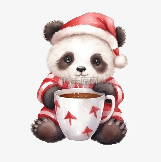 可爱的熊猫在圣诞老人服装在杯水