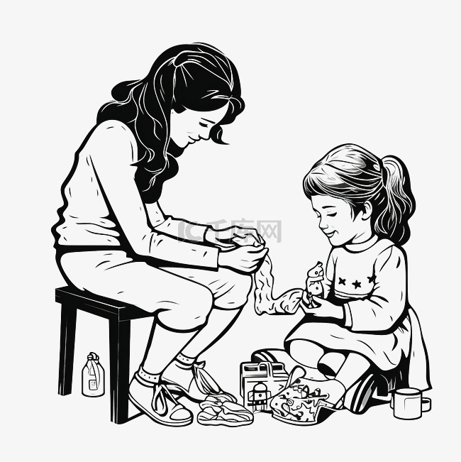 小女孩与母亲折叠袜子的黑白矢量