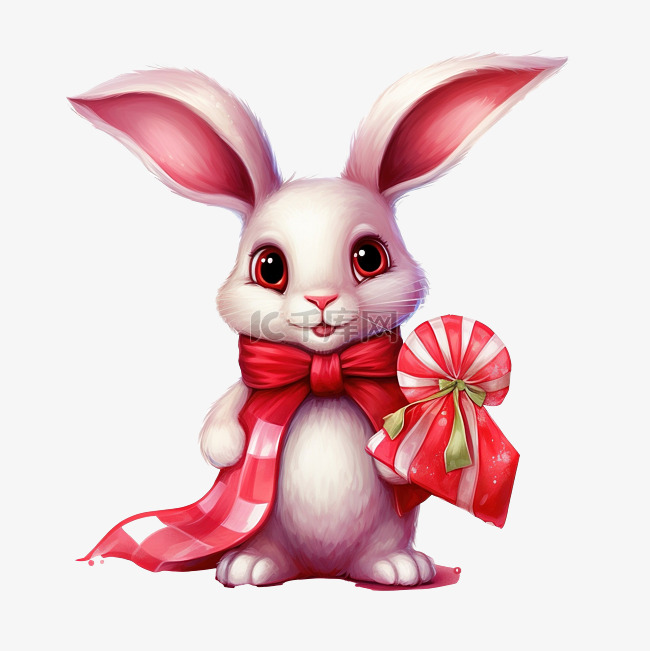 戴着红围巾带着糖果的滑稽卡通兔