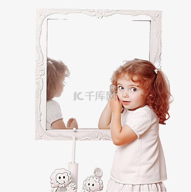有趣的小女孩仔细地看着镜子里的