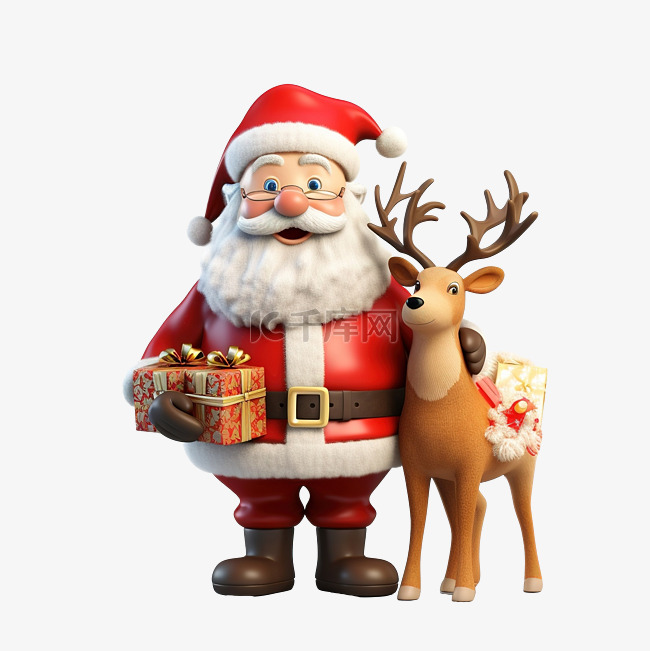 圣诞老人和驯鹿的卡通 3D 渲
