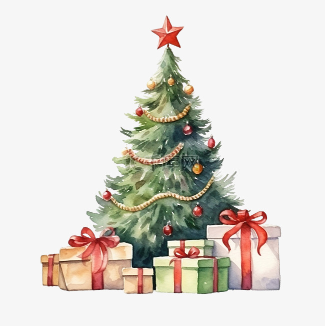 圣诞树和礼物的水彩插图集