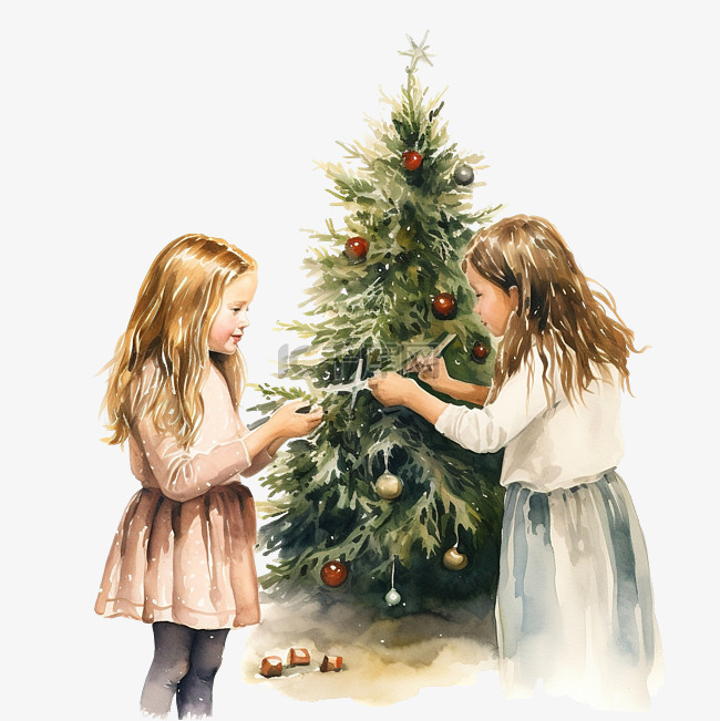 快乐的女朋友两个女孩装饰圣诞树