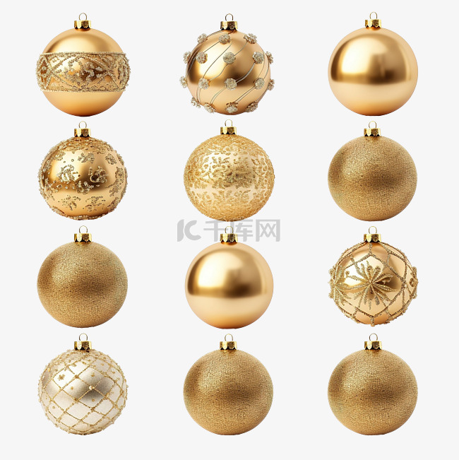 一组金色圣诞球，装饰以白色隔离