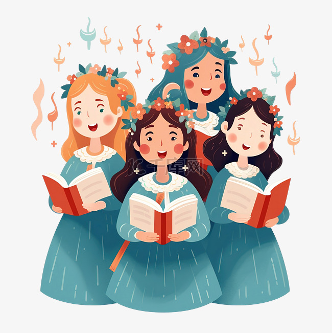女孩们在一个小唱诗班里唱圣诞颂