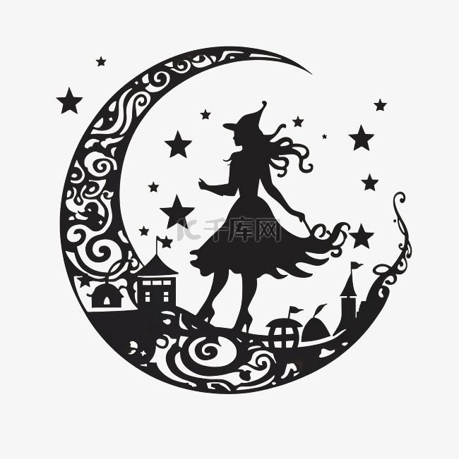 快乐万圣节女巫剪影在月亮纸艺术