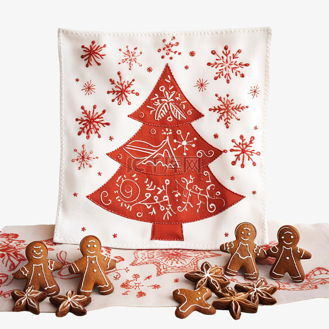 姜饼圣诞树和红色餐巾上的星星，