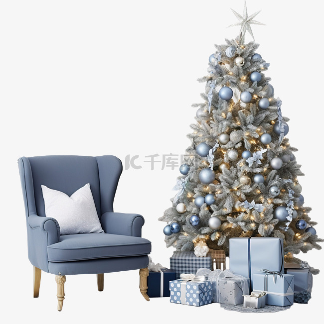 装饰圣诞树下装饰壁炉旁的蓝色扶