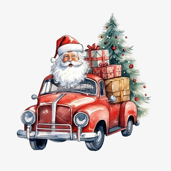 圣诞老人骑着红色汽车带着礼物