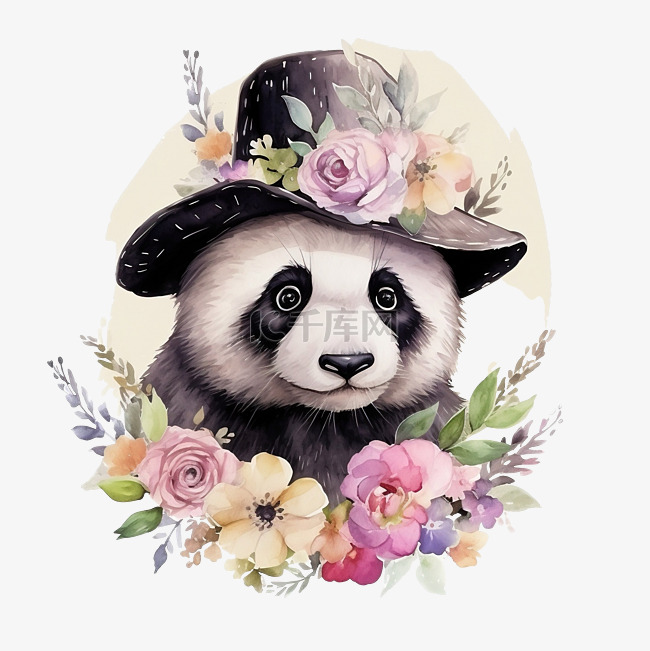 戴着帽子的水彩熊猫与花朵插图 