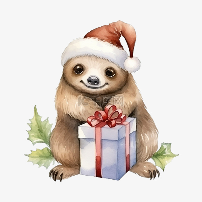 圣诞节的可爱树懒，带有水彩插图