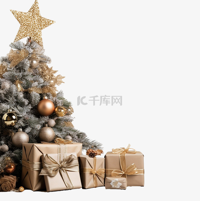 木板上有装饰和礼物的圣诞树
